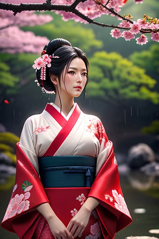  (masterpiece), (extremely intricate:1.3), (realistic), soft lighting ,rainy day ,Narrow and thin eyebrows , beautiful face and Shimada bun, Wear a dramatic red sakura Japanese kimono, kneeling barefoot in the water ,background of Sakura forest and Mont Fuji ,professional photograph of a stunning quality of Ancient Japanese geisha’s detailed, cinematic lighting, octane render, unreal engine, volumetric dtx, (film grain), 8k photorealistic, cinematic lighting, HD, high details , trending on artstation, high quality shot, film still , a (masterpiece), (extremely intricate:1.3), (realistic), soft lighting, Narrow and thin eyebrows , The white make up face and wear a red reflections sakura Kimono , barefoot and big ass,professional photograph  hyperrealistic, full body, detailed clothing, highly detailed, cinematic lighting, stunningly beautiful, intricate, sharp focus, f/1. 8, 85mm, (centered image composition), (professionally color graded), ((bright soft diffused light)), volumetric fog, trending on instagram, trending on tumblr, HDR 4K, 8K