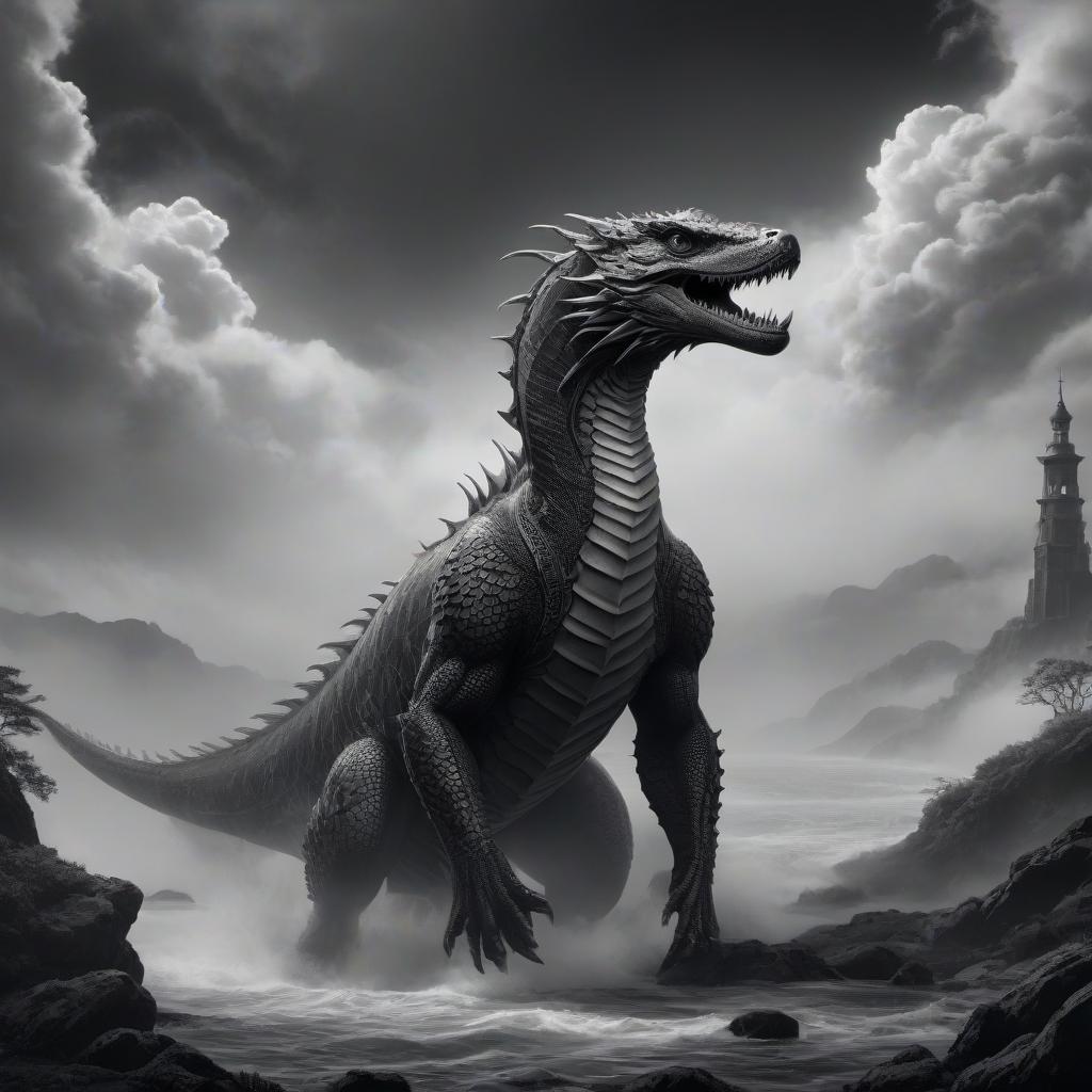  monochrome monochrome {prompt} . black and white, contrast, tone, texture, detailed, clear black vector outline, leviathan, dangerous, scaly, ferocious, turned to the right, Victorian, mythical, on a white background . black and white, contrast, tone, texture, detailed hyperrealistic, full body, detailed clothing, highly detailed, cinematic lighting, stunningly beautiful, intricate, sharp focus, f/1. 8, 85mm, (centered image composition), (professionally color graded), ((bright soft diffused light)), volumetric fog, trending on instagram, trending on tumblr, HDR 4K, 8K