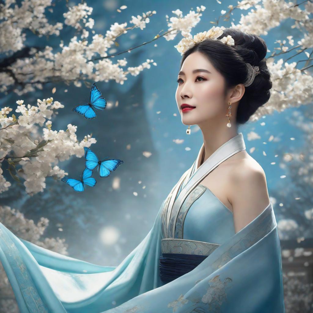  masterpiece, best quality, The woman is standing gracefully, with her side face delicately illuminated by a soft, cinematic lighting effect. She is wearing a light blue Hanfu, complemented by a flowing tulle coat. Her long black hair cascades down her back, adorned with a light blue fringed hair ornament and a delicate hairpin. A white ribbon gently flutters in the breeze, adding a touch of elegance to her ensemble. Surrounding her, a beautiful white flower bush creates a serene atmosphere, while light blue butterflies gracefully dance in the air. This visually stunning photograph, captured with an 8k resolution camera, showcases the detailed features of the woman's face and brings to life the enchanting world of Chinese style fantasy art.