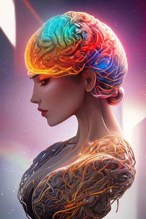  4 parts of brain by different colours, realistic, conventional, literal hyperrealistic, full body, detailed clothing, highly detailed, cinematic lighting, stunningly beautiful, intricate, sharp focus, f/1. 8, 85mm, (centered image composition), (professionally color graded), ((bright soft diffused light)), volumetric fog, trending on instagram, trending on tumblr, HDR 4K, 8K