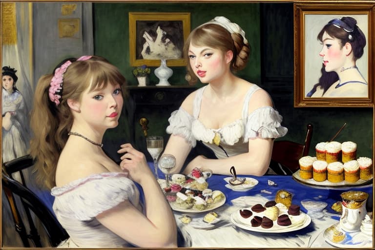  Taylor Swift with pink cheeks and streaks of sunshine in her hair, gazing at a piece of fine dark chocolate, painted in the style of Édouard Manet. Foreground has a small plate of fine dark chocolates on a coffee table. Background has a thoroughbred horses, white horse fences, limestone fences