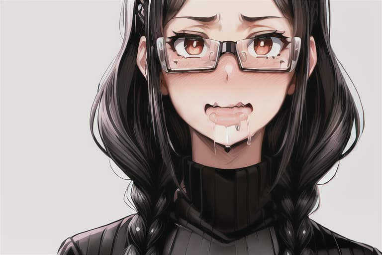  (((SFW))), detailed illustration of a woman, ((((hungry)))), ((((drooling)))), ((excessive drool)), ((comical)), ((((funny)))), (((wavy mouth))), ((face closeup)), ((masterpiece)), highres, absurdres, ultra detailed, HD, 8K, wallpaper, ((jet black hair)), (((double braided hairstyle))), ((brown eyes)), ((perfect eyes)), prominent pupils, detailed eyes, detailed nose, detailed mouth, detailed hair, (((simple background))), ((((rectangular glasses with black frame)))), (large breasts), ((brown sweater)), embarassed expression, expressive eyes, ((perfect eyes)), (nice hands), (fine detail), prominent outline, sharp nose, (perfect eyes), expressive eyes, shiny lens, ((HD))