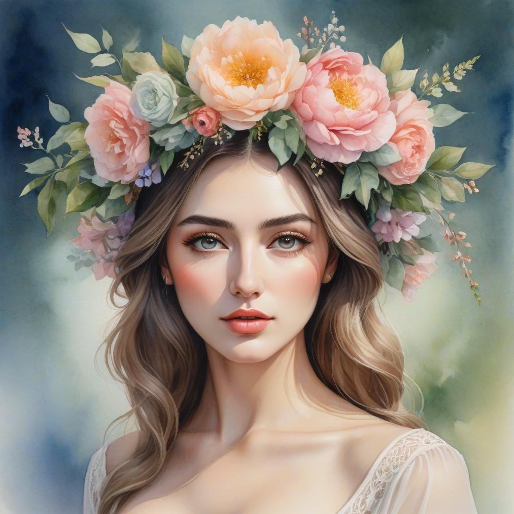  watercolor painting A watercolor painting of a young woman with a floral wreath on her head, featuring soft colors and a dreamy expression. . vibrant, beautiful, painterly, detailed, textural, artistic hyperrealistic, full body, detailed clothing, highly detailed, cinematic lighting, stunningly beautiful, intricate, sharp focus, f/1. 8, 85mm, (centered image composition), (professionally color graded), ((bright soft diffused light)), volumetric fog, trending on instagram, trending on tumblr, HDR 4K, 8K