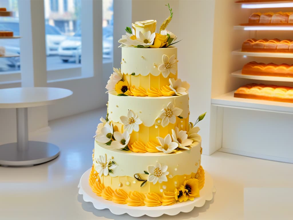  A closeup, photorealistic image of a beautifully decorated threetiered cake, showcasing intricate piping details, delicate fondant flowers, and shimmering edible gold accents. The cake is displayed on a pristine white pedestal, set against a softfocus background of a bustling bakery filled with colorful confectionery delights. The lighting highlights every texture and hue, making the viewer almost able to smell the sweet aroma emanating from the masterpiece. hyperrealistic, full body, detailed clothing, highly detailed, cinematic lighting, stunningly beautiful, intricate, sharp focus, f/1. 8, 85mm, (centered image composition), (professionally color graded), ((bright soft diffused light)), volumetric fog, trending on instagram, trending on tumblr, HDR 4K, 8K