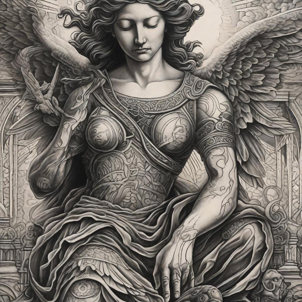  masterpiece, best quality, A stunning close-up of a tattoo on a person's upper arm, showcasing a beautifully intricate design of a female angel gracefully kneeling in prayer over a male warrior angel. The environment is dark and mysterious, reminiscent of a sacred cathedral. The mood is spiritual and powerful, evoking a sense of divine protection. The style is a hyper-realistic tattoo art, with meticulous attention to detail and shading. The lighting is soft and ethereal, illuminating the angels' features in a heavenly glow. The realization is captured with a high-resolution camera, emphasizing every delicate line and shading of the tattoo.