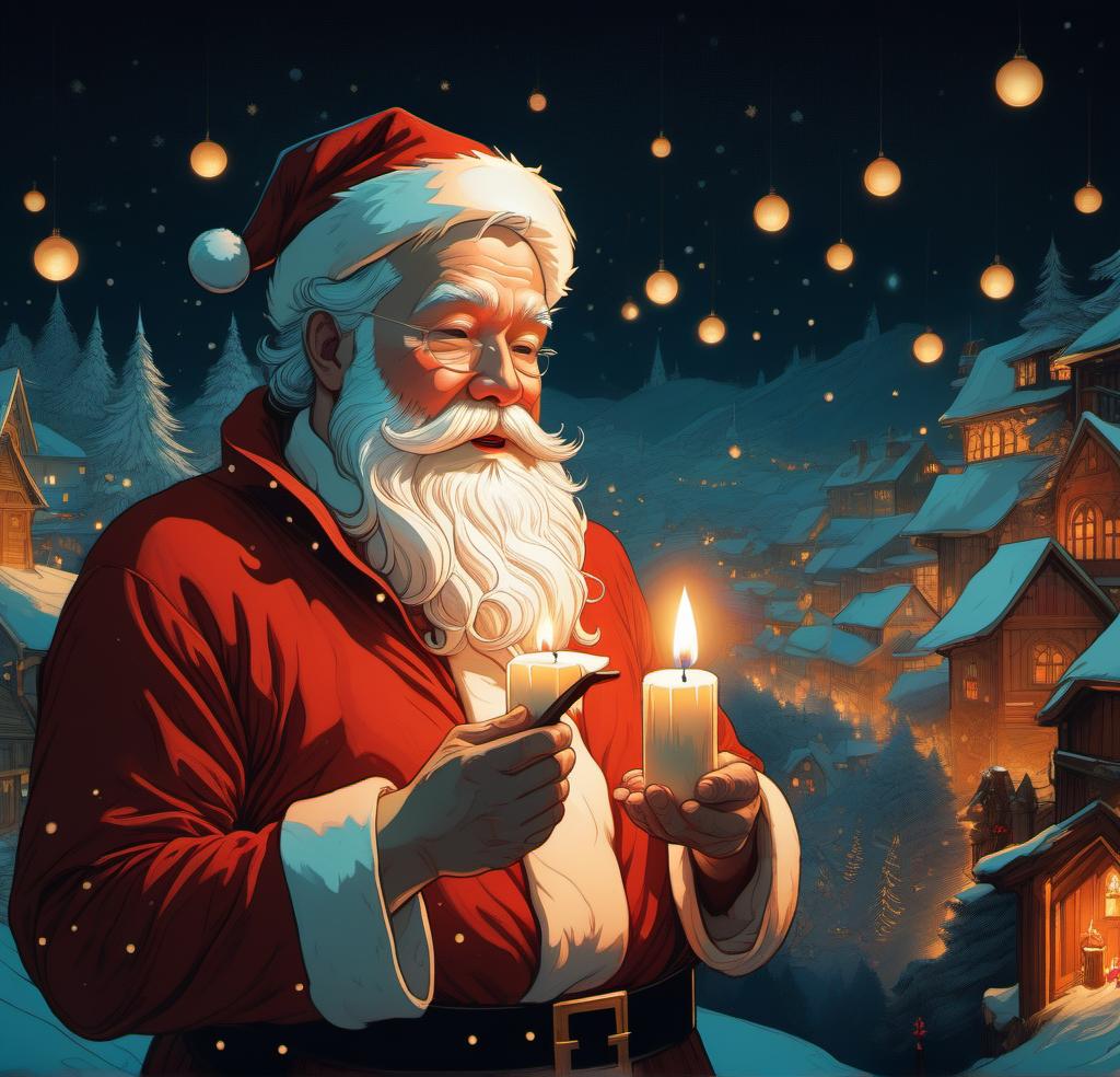  Christmas santa clouse, candle in his hand, by Nicolas Delort and Victo Ngai, vivid, highly detailed, hand-drawn, combined with digital art, night, whimsical, (enchanting atmosphere:1.1), warm lighting , depth of field, Wacom Cintiq, Adobe Photoshop, 300 DPI, (hdr:1.2), teal and orange hyperrealistic, full body, detailed clothing, highly detailed, cinematic lighting, stunningly beautiful, intricate, sharp focus, f/1. 8, 85mm, (centered image composition), (professionally color graded), ((bright soft diffused light)), volumetric fog, trending on instagram, trending on tumblr, HDR 4K, 8K
