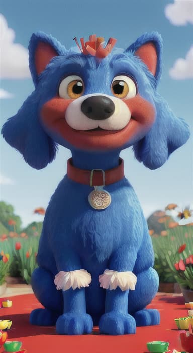  {The red ball nestled in a bed of colorful flowers like daisies and tulips, The big blue dog is large with sky blue fur, big round eyes, a black nose, and floppy ears.