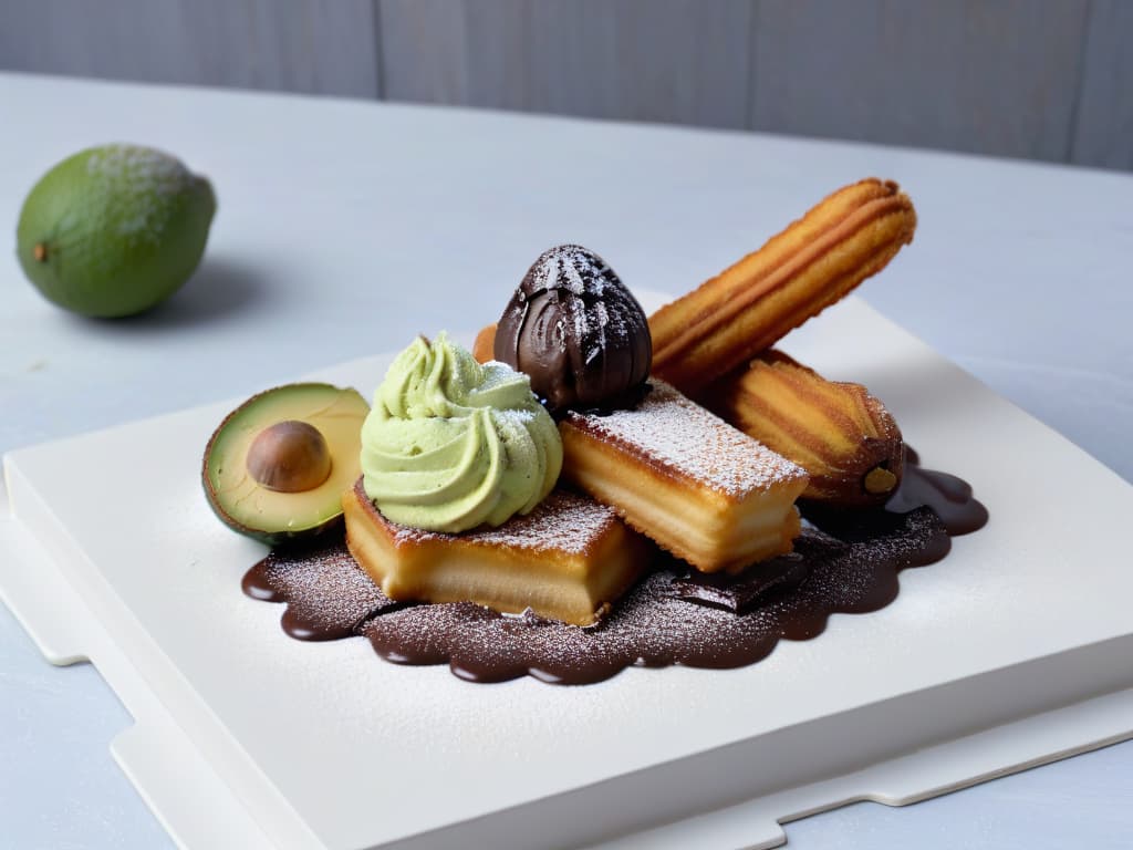  An ultradetailed image of a sophisticated dessert plate showcasing a fusion of traditional Mexican churros and a modern twist of avocado ice cream. The churros are perfectly golden and crispy, dusted with cinnamon sugar, while the avocado ice cream sits elegantly quenelleshaped on the side, garnished with a sprinkle of sea salt flakes and a drizzle of rich dark chocolate sauce. The plate is placed on a sleek, white marble surface, with soft natural light casting subtle shadows, emphasizing the textures and colors of the dessert. hyperrealistic, full body, detailed clothing, highly detailed, cinematic lighting, stunningly beautiful, intricate, sharp focus, f/1. 8, 85mm, (centered image composition), (professionally color graded), ((bright soft diffused light)), volumetric fog, trending on instagram, trending on tumblr, HDR 4K, 8K