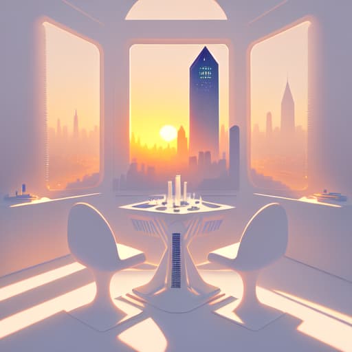 in OliDisco style Futuristic style. Deck of cards over white table. Sunset through a window with a city view. White and soft tones.