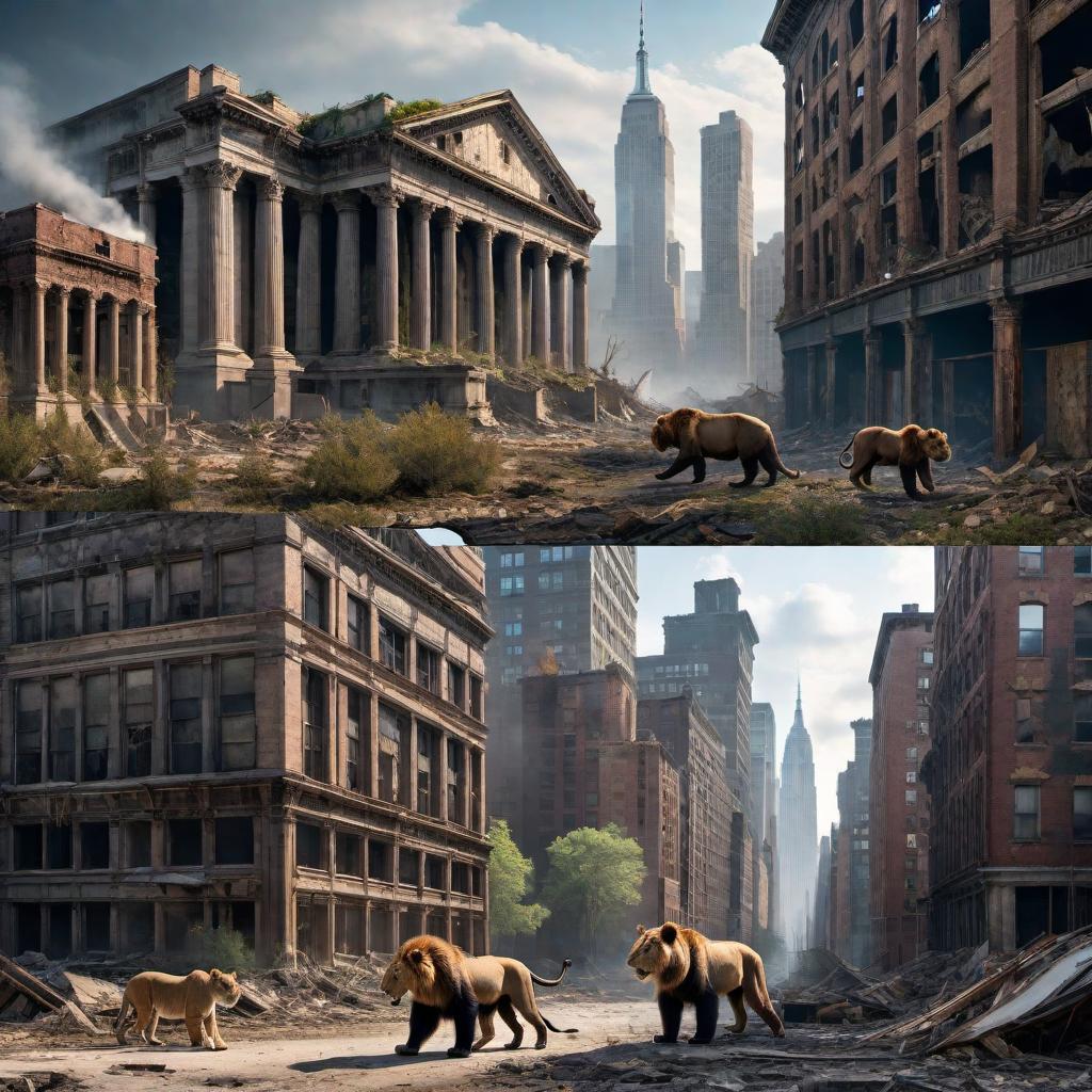  A post-apocalyptic New York City scene with lions, tigers, and bears roaming freely among the ruins of iconic buildings, capturing the chaotic blend of wild nature reclaiming civilization. The atmosphere should be dramatic and slightly ominous, with a sense of eerie silence over the abandoned cityscape. hyperrealistic, full body, detailed clothing, highly detailed, cinematic lighting, stunningly beautiful, intricate, sharp focus, f/1. 8, 85mm, (centered image composition), (professionally color graded), ((bright soft diffused light)), volumetric fog, trending on instagram, trending on tumblr, HDR 4K, 8K