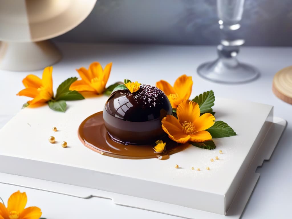  A photorealistic image of an elaborate multisensory dessert presentation featuring a decadent chocolate sphere being delicately drizzled with a glossy caramel sauce, surrounded by vibrant edible flowers, shimmering gold leaf accents, and a cloud of aromatic smoke encapsulating the scene. The dessert is displayed on a sleek, modern dessert plate with intricate geometric designs, set against a backdrop of a chic, minimalist dessert bar with soft ambient lighting casting dramatic shadows, creating an atmosphere of culinary sophistication and innovation. hyperrealistic, full body, detailed clothing, highly detailed, cinematic lighting, stunningly beautiful, intricate, sharp focus, f/1. 8, 85mm, (centered image composition), (professionally color graded), ((bright soft diffused light)), volumetric fog, trending on instagram, trending on tumblr, HDR 4K, 8K