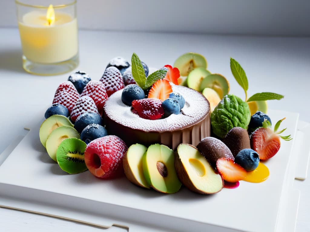  A highresolution, minimalist image of a colorful array of vegan desserts arranged neatly on a sleek, modern white platter. The desserts include vibrant fruit tarts, decadent chocolate avocado mousse cups, and delicate coconut milk panna cotta topped with fresh berries. Each dessert is artfully garnished with mint leaves and edible flowers, creating a visually stunning and appetizing display that embodies the essence of vegan indulgence and nutrition. hyperrealistic, full body, detailed clothing, highly detailed, cinematic lighting, stunningly beautiful, intricate, sharp focus, f/1. 8, 85mm, (centered image composition), (professionally color graded), ((bright soft diffused light)), volumetric fog, trending on instagram, trending on tumblr, HDR 4K, 8K