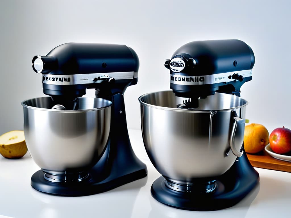  A sleek, minimalistic image of two highend stand mixers side by side on a clean, white countertop. The mixers are in a matte black and brushed stainless steel finish, with a soft spotlight highlighting their elegant design. The focus is on the smooth lines and modern aesthetic of the appliances, conveying a sense of professional quality and sophistication for the best investment in baking equipment. hyperrealistic, full body, detailed clothing, highly detailed, cinematic lighting, stunningly beautiful, intricate, sharp focus, f/1. 8, 85mm, (centered image composition), (professionally color graded), ((bright soft diffused light)), volumetric fog, trending on instagram, trending on tumblr, HDR 4K, 8K