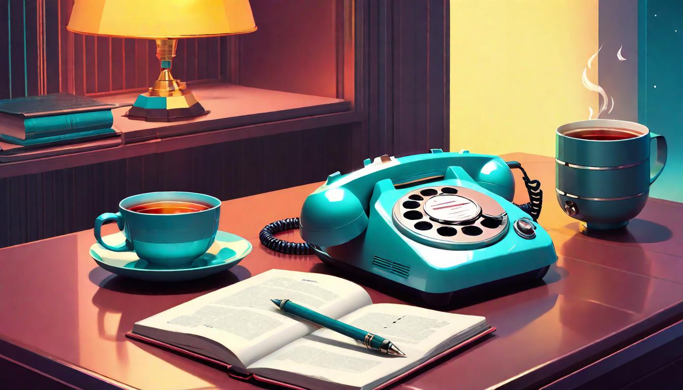  retro futuristic A phone lying on a table, turned off, beside a cup of tea and an open journal. Unplugged hour, serene ambiance, mindful disconnection lvintage sci fi, 50s and 60s style, atomic age, vibrant, highly detailed