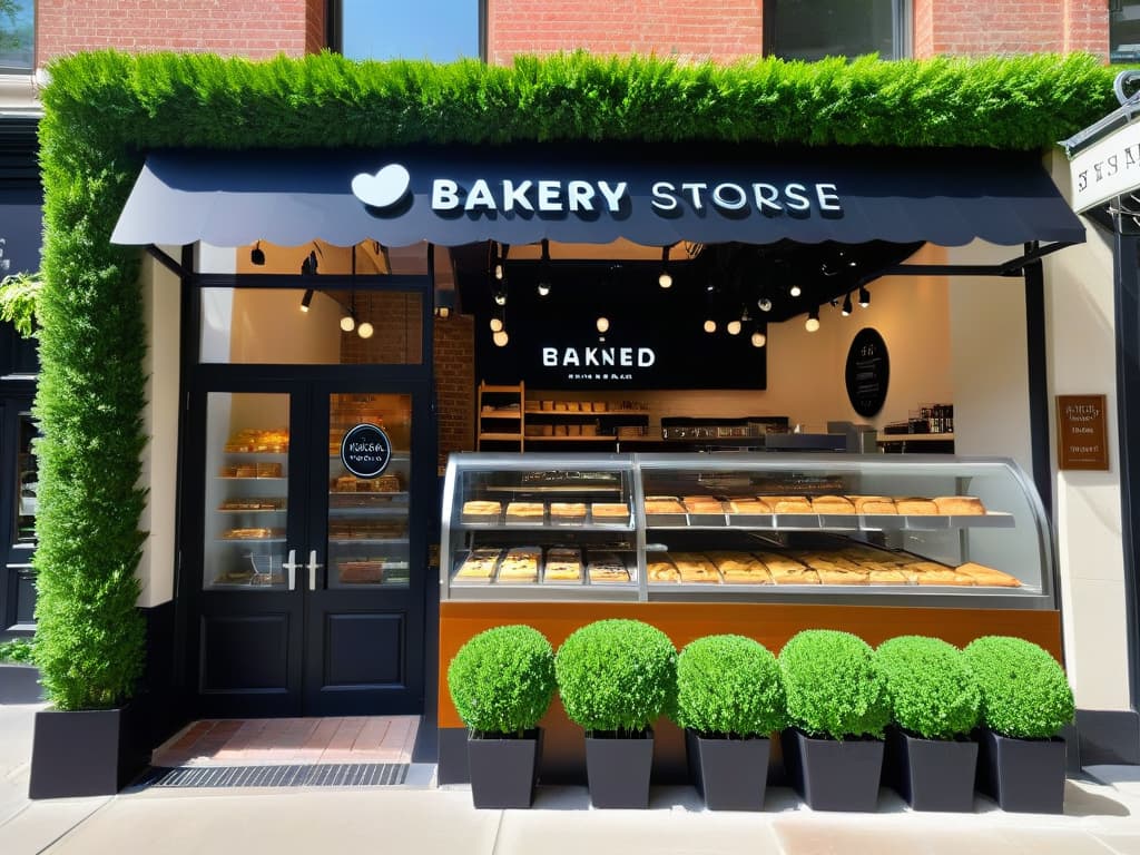  An elegant and minimalistic image showcasing a beautifully designed pastry shop storefront with a modern and sleek sign displaying various popular licensed merchandise items such as branded baking tools, cookbooks, and logoinspired aprons. The storefront is surrounded by lush greenery, with a warm inviting glow emanating from inside, hinting at the success of the collaboration between the bakery and various merchandising partners. hyperrealistic, full body, detailed clothing, highly detailed, cinematic lighting, stunningly beautiful, intricate, sharp focus, f/1. 8, 85mm, (centered image composition), (professionally color graded), ((bright soft diffused light)), volumetric fog, trending on instagram, trending on tumblr, HDR 4K, 8K