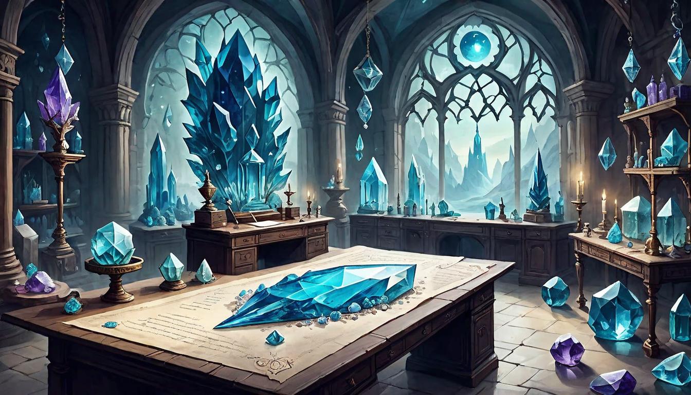  on parchment, surrealism+++, Crystals placed around a workspace, arranged with care, soft glows, enhancing the environment, peaceful, focused(mysterious, provocative, symbolic,muted color)+++