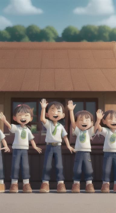  {A heartwarming scene of all the children waving goodbye with happy expressions., Children waving with wide smiles, looking grateful and content.