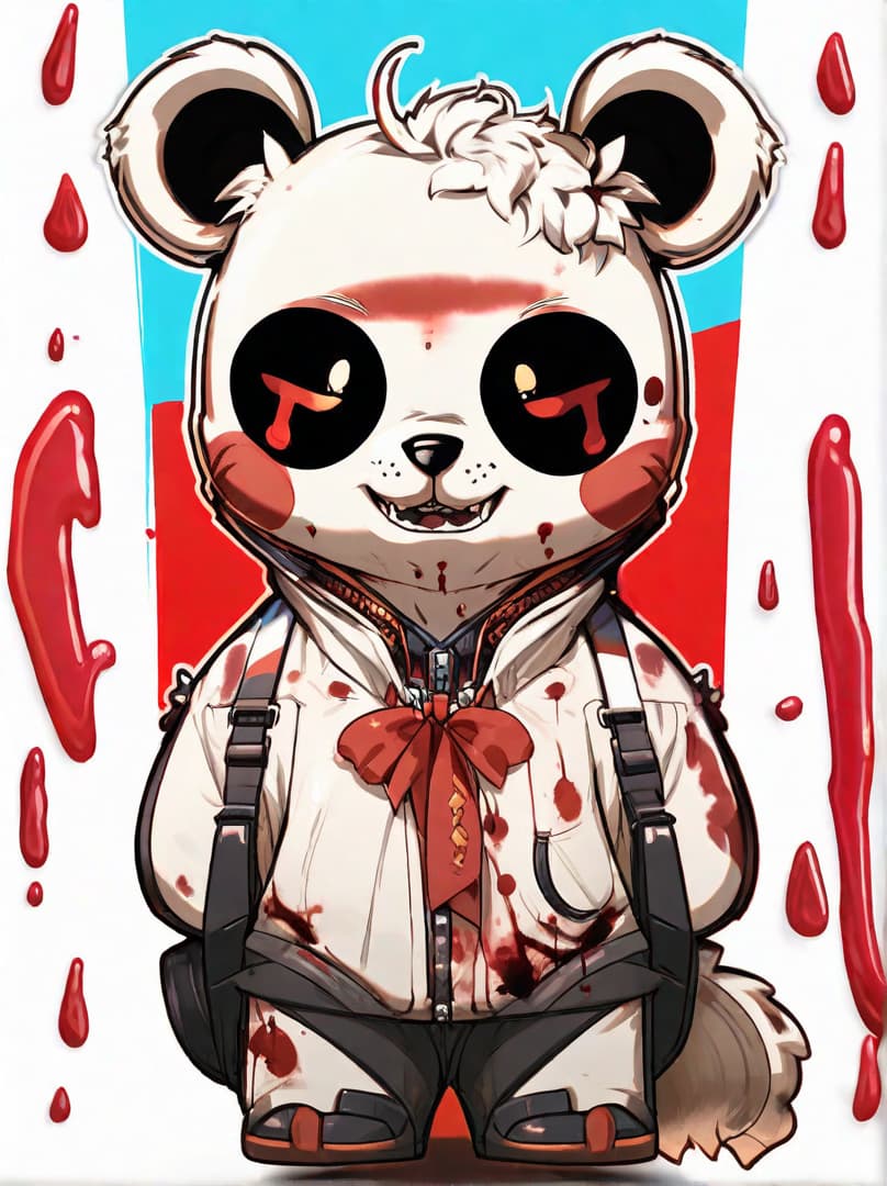  , a cute guilt robot bear, sticker, akira toriyama , white background,murder bear, bloody , dripping blood,bloody trump head on ground<lora:halloween-makeup:0.611442192070714><lora:illustration-style:0.1328090881538877><lora:rionrtlora:0.17370887148190595><lora:margiela-ss24:0.21058047206159713> hyperrealistic, full body, detailed clothing, highly detailed, cinematic lighting, stunningly beautiful, intricate, sharp focus, f/1. 8, 85mm, (centered image composition), (professionally color graded), ((bright soft diffused light)), volumetric fog, trending on instagram, trending on tumblr, HDR 4K, 8K