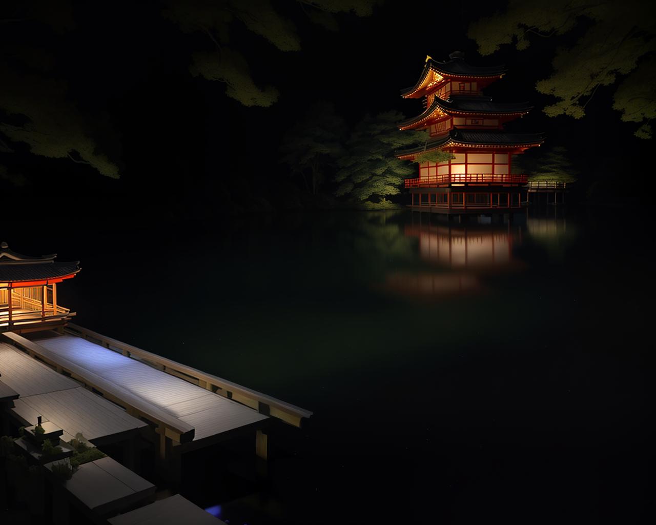  masterpiece, best quality, (Fidelity: 1.4), Best Quality, Masterpiece, Ultra High Resolution, 8k resolution, A night view inspired by Japanese art, featuring a garden illuminated by paper lanterns and a wooden bridge spanning a tranquil lake, by the lakeside, there is a small Zen temple. The water reflects the starry sky.