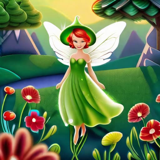  "Generate an image of a small, adorable fairy named Lina. She is dressed in a sparkling green dress and is wearing a cute red hat. Her wings are slightly shining. The setting is a sunny spring day in a blue garden filled with colorful flowers and green grass sparkling under the sunlight.", best quality, very detailed, high resolution, sharp, sharp image, extremely detailed, 4k, 8k hyperrealistic, full body, detailed clothing, highly detailed, cinematic lighting, stunningly beautiful, intricate, sharp focus, f/1. 8, 85mm, (centered image composition), (professionally color graded), ((bright soft diffused light)), volumetric fog, trending on instagram, trending on tumblr, HDR 4K, 8K