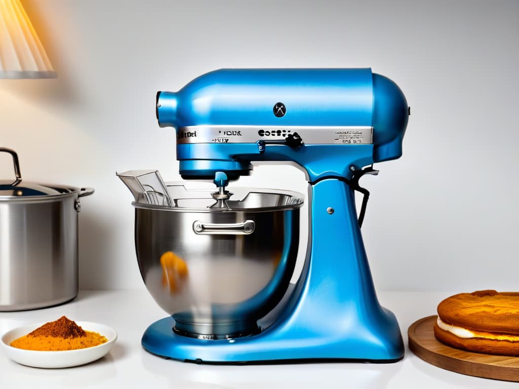  A closeup, ultradetailed image of a sleek, stateoftheart stand mixer in a modern kitchen setting. The mixer is shining under the soft glow of overhead lights, displaying intricate speed settings and various attachments for precision baking. The countertop is immaculately organized with highend baking tools like piping bags, offset spatulas, and a digital scale, all hinting at the advanced techniques and precision required in modern pastry making. hyperrealistic, full body, detailed clothing, highly detailed, cinematic lighting, stunningly beautiful, intricate, sharp focus, f/1. 8, 85mm, (centered image composition), (professionally color graded), ((bright soft diffused light)), volumetric fog, trending on instagram, trending on tumblr, HDR 4K, 8K