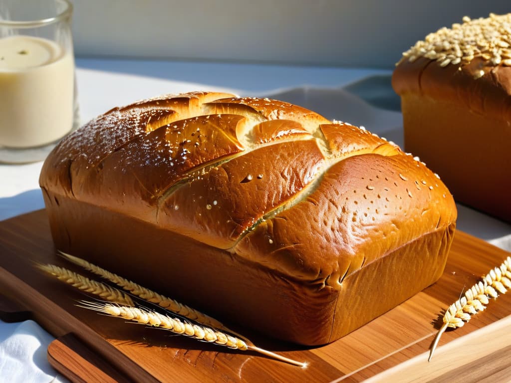  A closeup, ultradetailed image of a perfectly risen loaf of bread made with fresh yeast, showcasing a goldenbrown crust with intricate scoring patterns. The bread is placed on a rustic wooden cutting board, with a few scattered wheat grains around it, emphasizing the natural and homemade aspect of the baking process. The lighting is soft, highlighting the texture and details of the bread's surface, creating a visually appealing and mouthwatering image that conveys the artistry and skill of home bakers working with fresh yeast. hyperrealistic, full body, detailed clothing, highly detailed, cinematic lighting, stunningly beautiful, intricate, sharp focus, f/1. 8, 85mm, (centered image composition), (professionally color graded), ((bright soft diffused light)), volumetric fog, trending on instagram, trending on tumblr, HDR 4K, 8K