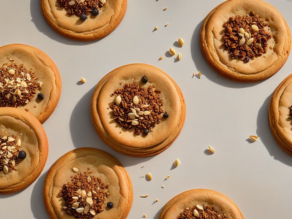  A highresolution, minimalist image showcasing a closeup of goldenbrown flax seeds sprinkled on top of freshly baked cookies, highlighting the texture and wholesome appearance of the seeds against the backdrop of the goldenbrown baked goods. The image exudes a sense of warmth, freshness, and culinary artistry, making it a visually appealing addition to the article on the benefits of flax seeds in baking. hyperrealistic, full body, detailed clothing, highly detailed, cinematic lighting, stunningly beautiful, intricate, sharp focus, f/1. 8, 85mm, (centered image composition), (professionally color graded), ((bright soft diffused light)), volumetric fog, trending on instagram, trending on tumblr, HDR 4K, 8K