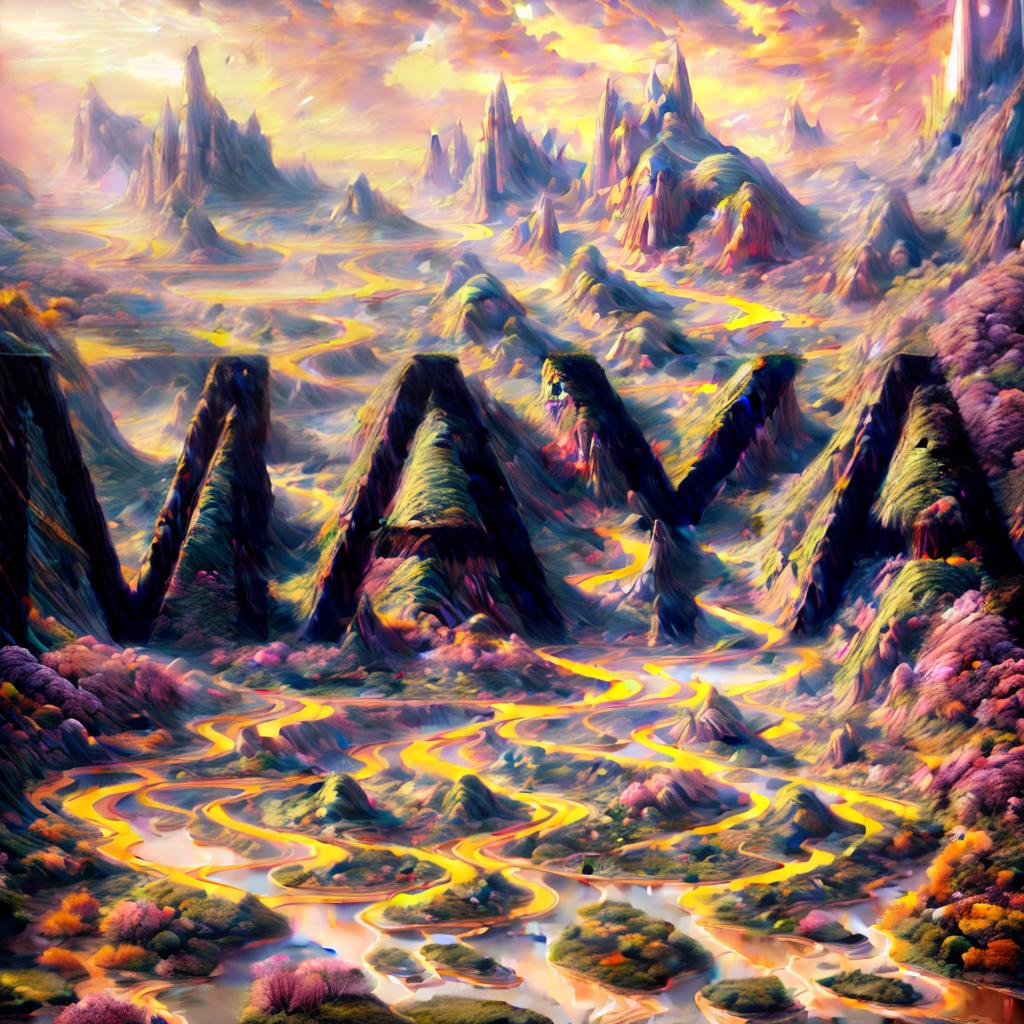  A surreal landscape with floating mountains, glowing flora, and a mystical river flowing through it. The sky is a mix of pastel pinks and oranges, with a soft golden light casting shadows on the ground. The style is dreamlike and ethereal, with intricate details and a sense of otherworldliness. style RAW, best quality, masterpiece