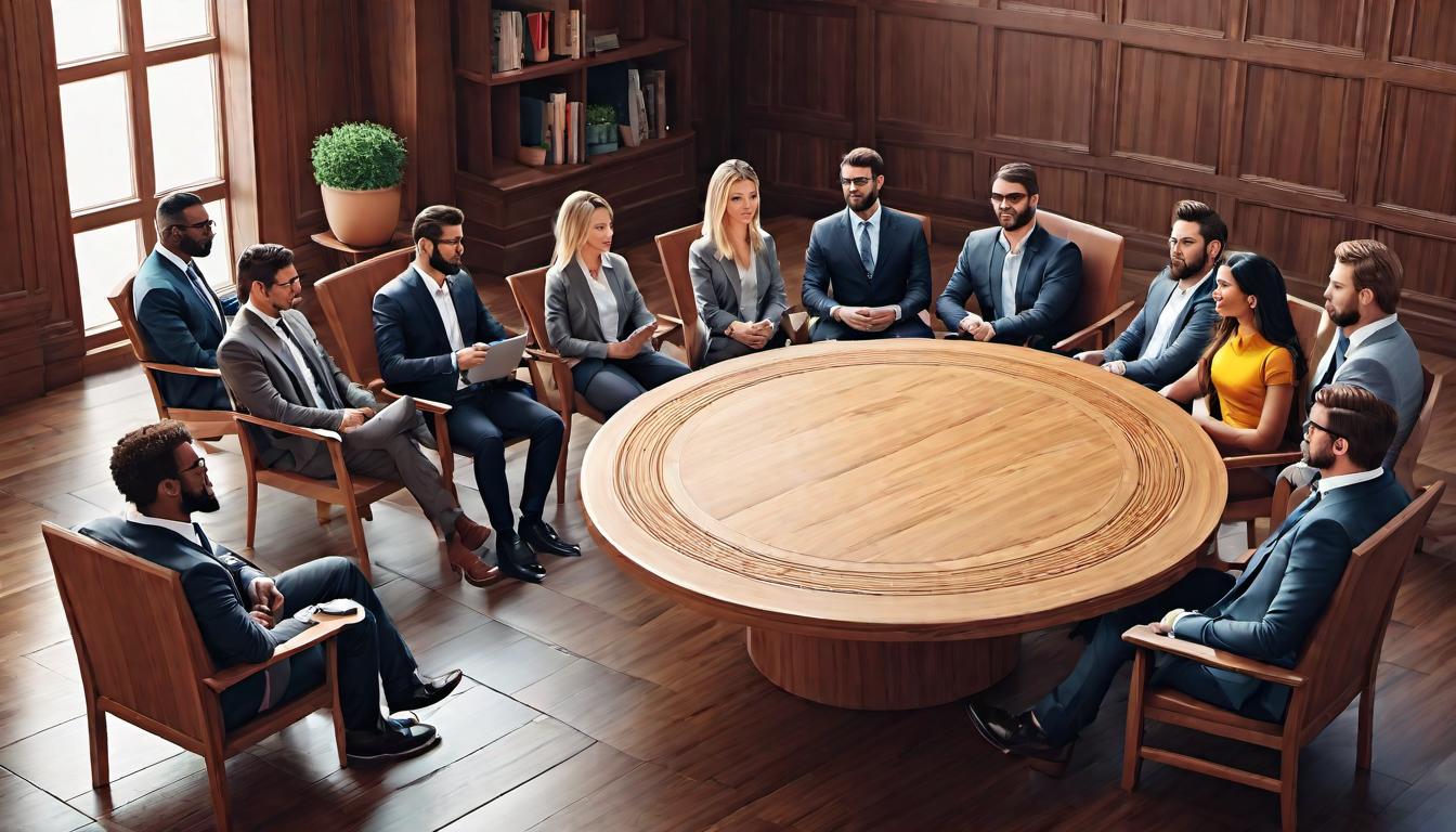  digital illustration A round table surrounded by chairs, each occupied by a person of varied backgrounds, engaged in dialogue, collaboration, emotional intelligence, teamwork looking at viewer, dynamic pose, (intricate details, masterpiece, best quality)