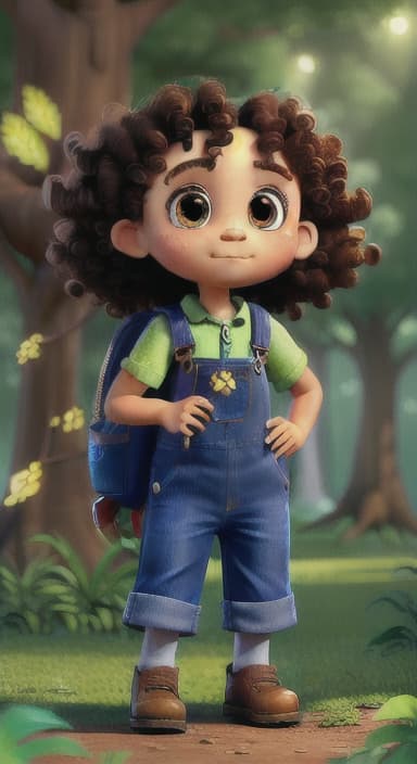  {The tree with a twinkling eye, while its leaves gently rustle., Riley, a curious with big brown eyes and curly hair, wearing overalls and carrying a small backpack. Their friend, Skye, a bluebird with shiny feathers.