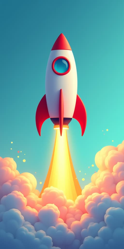  good quality, high quality, a colorful rocket launching through clouds, symbolizing adventure and exploration in a vibrant, animated style.