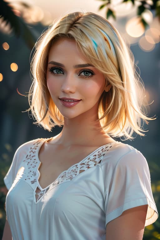  1girl,1girl,blonde short hair,straight hair,upper body shot,shirt,smile hyperrealistic, full body, detailed clothing, highly detailed, cinematic lighting, stunningly beautiful, intricate, sharp focus, f/1. 8, 85mm, (centered image composition), (professionally color graded), ((bright soft diffused light)), volumetric fog, trending on instagram, trending on tumblr, HDR 4K, 8K