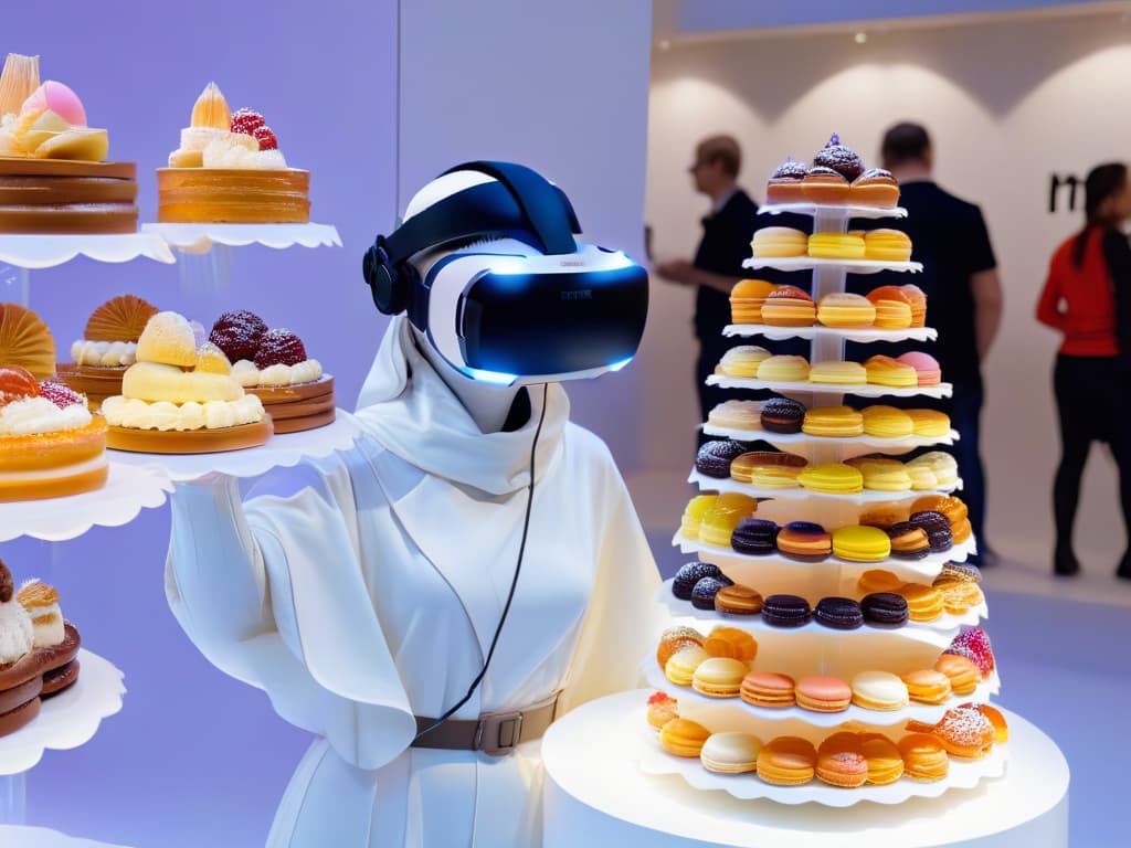  A minimalistic image showcasing a virtual reality headset suspended midair, surrounded by an array of colorful, delectable pastries and desserts. The headset gleams with a futuristic sheen, reflecting the intricate details of the desserts below. The pastries, ranging from delicate macarons to elaborate layer cakes, are artfully arranged to create a visually striking contrast against the sleek, modern design of the VR headset. The background is a soft, blurred gradient, emphasizing the central focus on the fusion of technology and culinary artistry. hyperrealistic, full body, detailed clothing, highly detailed, cinematic lighting, stunningly beautiful, intricate, sharp focus, f/1. 8, 85mm, (centered image composition), (professionally color graded), ((bright soft diffused light)), volumetric fog, trending on instagram, trending on tumblr, HDR 4K, 8K