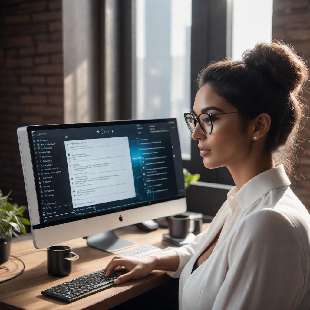  An image showing a person sitting in front of a computer, typing a response to a user's request on a chat interface. On the screen, the chat bubbles show a conversation where the AI assistant anticipates and asks for a detailed description to generate an image. The environment suggests a cozy, helpful setting, highlighting the AI's readiness to assist. hyperrealistic, full body, detailed clothing, highly detailed, cinematic lighting, stunningly beautiful, intricate, sharp focus, f/1. 8, 85mm, (centered image composition), (professionally color graded), ((bright soft diffused light)), volumetric fog, trending on instagram, trending on tumblr, HDR 4K, 8K