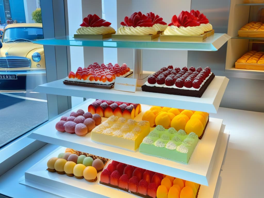  A minimalist, ultradetailed 8k image of a beautifully crafted dessert display in a bakery window. The image showcases an array of colorful pastries, cakes, and sweets arranged meticulously on elegant glass shelves. Each dessert is adorned with delicate garnishes and presented with artistic flair, highlighting the key elements of an irresistible dessert showcase: visual appeal, variety, and attention to detail. The soft, natural light filtering through the window casts a gentle glow on the delectable treats, creating a captivating scene that is sure to entice customers and inspire creativity in dessert merchandising. hyperrealistic, full body, detailed clothing, highly detailed, cinematic lighting, stunningly beautiful, intricate, sharp focus, f/1. 8, 85mm, (centered image composition), (professionally color graded), ((bright soft diffused light)), volumetric fog, trending on instagram, trending on tumblr, HDR 4K, 8K