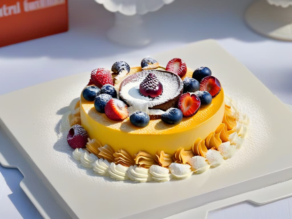  A closeup, ultradetailed image of a modern, minimalist take on a classic dessert, showcasing intricate layers of delicate pastry, rich creamy fillings, and glossy glazes. The dessert is elegantly plated on a sleek, white dish, with subtle garnishes of fresh berries and edible flowers adding a pop of color and sophistication to the composition. hyperrealistic, full body, detailed clothing, highly detailed, cinematic lighting, stunningly beautiful, intricate, sharp focus, f/1. 8, 85mm, (centered image composition), (professionally color graded), ((bright soft diffused light)), volumetric fog, trending on instagram, trending on tumblr, HDR 4K, 8K