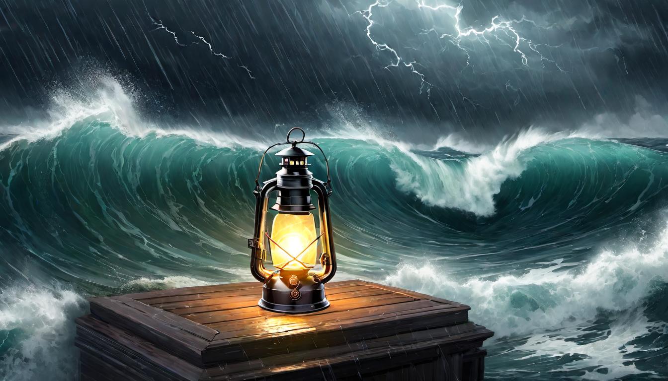  digital illustration A lantern held high in a storm, guiding through a tumultuous sea of data, offering clarity and stability, hopeful, illuminating. looking at viewer, dynamic pose, (intricate details, masterpiece, best quality)