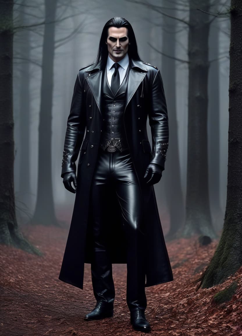  macabre style Sizzling forest Man: Terrifying smile, killer, tall, leather coat, business suit, leather gloves, long hair, makeup on the face, . dark, gothic, grim, haunting, highly detailed hyperrealistic, full body, detailed clothing, highly detailed, cinematic lighting, stunningly beautiful, intricate, sharp focus, f/1. 8, 85mm, (centered image composition), (professionally color graded), ((bright soft diffused light)), volumetric fog, trending on instagram, trending on tumblr, HDR 4K, 8K