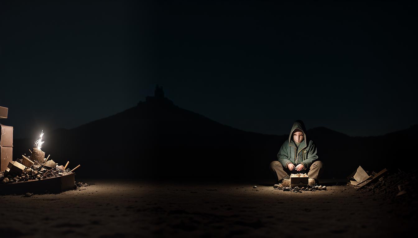  cinematic, aesthetic, A pair of scales, heavily tilted, on one side, a mound of gifts and offerings, on the other side, a lone figure slumped, overburdened, surrounded by darkness, imbalance, self neglect, 4k, HDR, lens flare