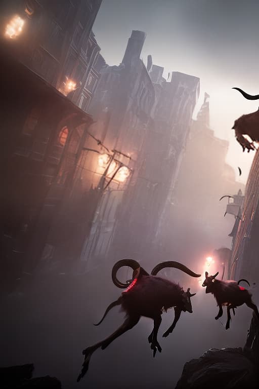 redshift style Vampire demon goats attacking a city