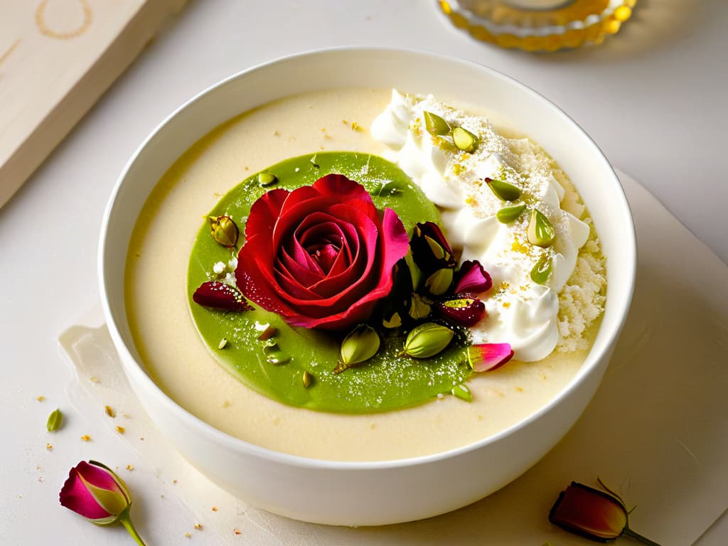  A minimalistic yet detailed closeup image of a creamy and rich bowl of Roz Bel Laban, garnished with a sprinkle of ground pistachios and a few delicate rose petals, all set on a light grey textured background. The dessert is served in an elegant, translucent glass bowl that beautifully showcases the layers of rice pudding and the aromatic toppings, embodying the essence of Middle Eastern culinary sophistication and allure. hyperrealistic, full body, detailed clothing, highly detailed, cinematic lighting, stunningly beautiful, intricate, sharp focus, f/1. 8, 85mm, (centered image composition), (professionally color graded), ((bright soft diffused light)), volumetric fog, trending on instagram, trending on tumblr, HDR 4K, 8K