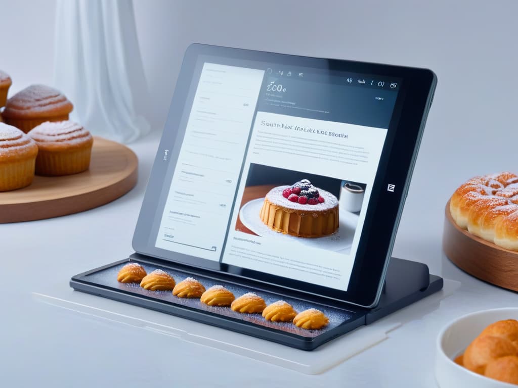  A closeup, ultradetailed image of a sleek, modern tablet displaying a beautifully designed digital recipe book interface. The screen shows vibrant, highresolution images of decadent pastries and desserts, with elegant typography detailing ingredients and instructions. The tablet rests on a marble countertop, with soft, natural light illuminating the scene, creating a serene and professional ambiance for digital recipe organization. hyperrealistic, full body, detailed clothing, highly detailed, cinematic lighting, stunningly beautiful, intricate, sharp focus, f/1. 8, 85mm, (centered image composition), (professionally color graded), ((bright soft diffused light)), volumetric fog, trending on instagram, trending on tumblr, HDR 4K, 8K