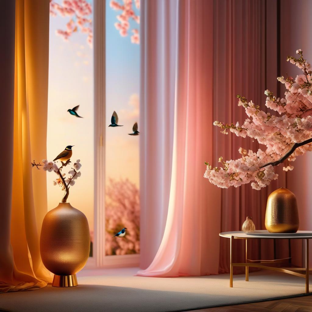  Luxury product style (Background):summer evening. (Interior) Window with pink curtains. Table on the table is a table lamp with a lampshade. (Table lamp design):The leg of the table lamp is made in the shape of a sakura trunk. There are small birds sitting on the branches. The lamp shade is gold coloured Empire style with white and pink cherry blossoms and flying petals embroidered on it. . Elegant, sophisticated, high end, luxurious, professional, highly detailed hyperrealistic, full body, detailed clothing, highly detailed, cinematic lighting, stunningly beautiful, intricate, sharp focus, f/1. 8, 85mm, (centered image composition), (professionally color graded), ((bright soft diffused light)), volumetric fog, trending on instagram, trending on tumblr, HDR 4K, 8K