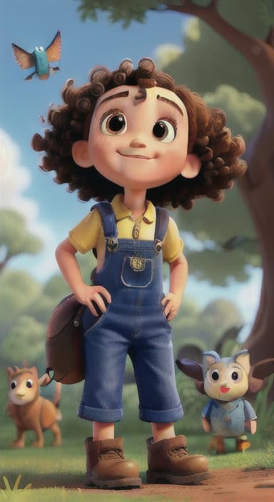  {Riley looking up at the tree with a big smile, animals surrounding them., Riley, a curious with big brown eyes and curly hair, wearing overalls and carrying a small backpack. Their friend, Skye, a bluebird with shiny feathers.