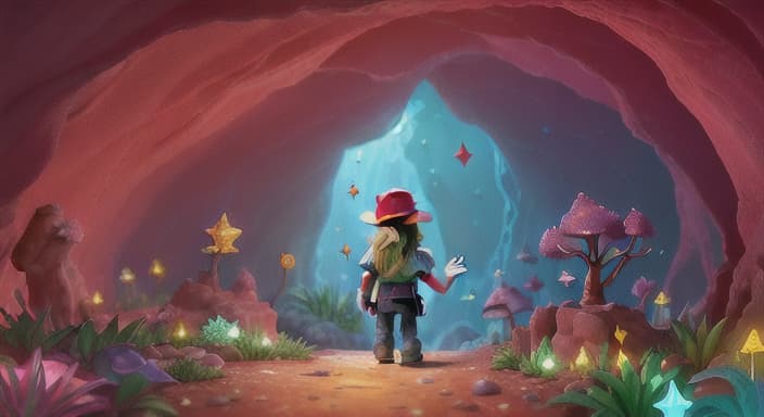  {The explorer walking through a cavern filled with shimmering crystals and glowing plants., The explorer's red hat is now a little dusty but still perched proudly on their head.