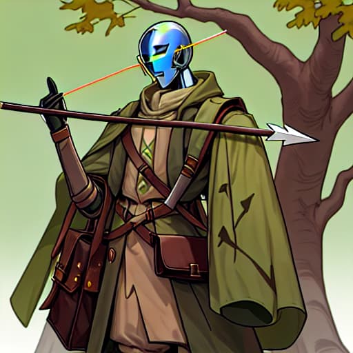  nature background warforged, his body fully is a tree body robot, behind him it's a large satchel bag, he holding a longbow in his hand, in large satchel bag is arrow, he wereing ranger clothes.