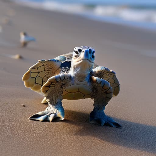  Sea turtle hatchling making its way to the sea, dodging seagulls that are trying to eat it.