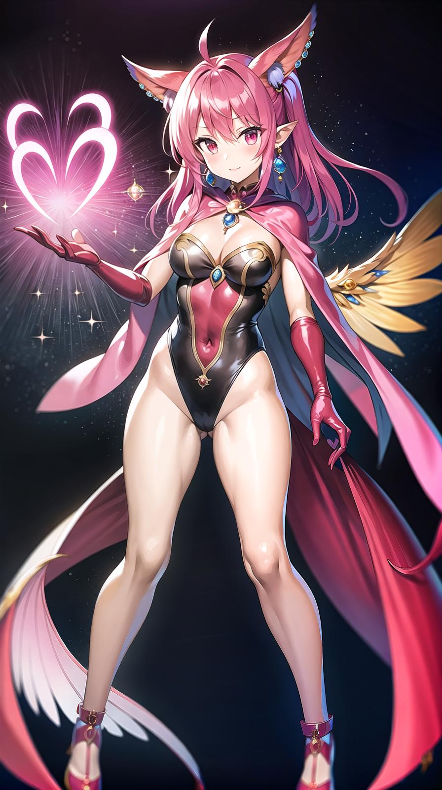  master piece , best quality,Magic hat, cape, ribbons, leotard, gloves, jewelry, earrings, wings of light, red costume, two side up hair, pink hair color, beast tail, beautiful with beast ears, big s, magic wand, transformation, full body