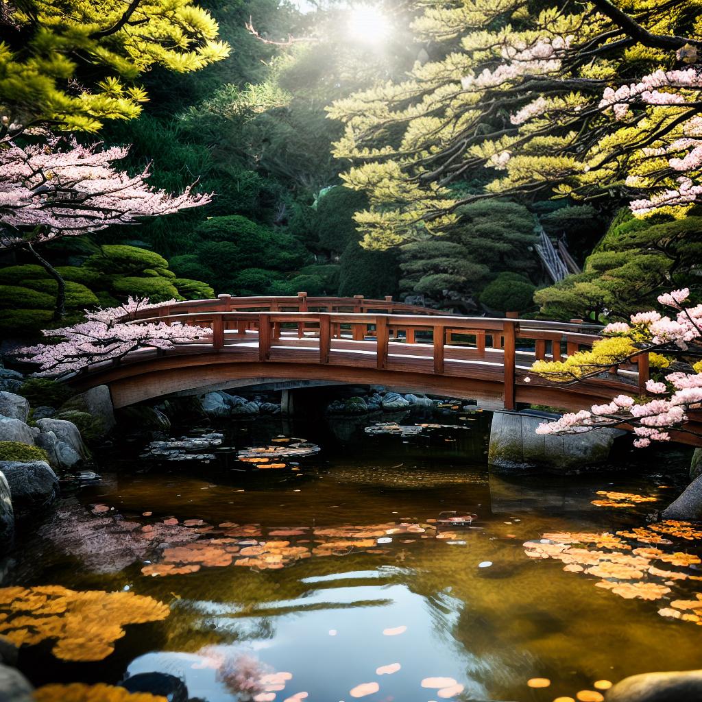  A breathtaking 8k high-detailed portrayal of 開運山水畫, known for its extraordinary beauty. The main subject of this scene is a tranquil garden filled with blooming cherry blossom trees. The air is filled with the sweet fragrance of flowers, and petals gently float through the air. In the center of the garden, there is a traditional Japanese wooden bridge crossing over a small pond, where colorful koi fish swim gracefully. The level of detail in this artwork is exceptional, capturing the delicate petals, the intricate patterns on the bridge, and the shimmering scales of the fish. The colors are vibrant, with shades of pink, white, and green creating a harmonious composition. The lighting is soft, with the sunlight peeking through the  hyperrealistic, full body, detailed clothing, highly detailed, cinematic lighting, stunningly beautiful, intricate, sharp focus, f/1. 8, 85mm, (centered image composition), (professionally color graded), ((bright soft diffused light)), volumetric fog, trending on instagram, trending on tumblr, HDR 4K, 8K