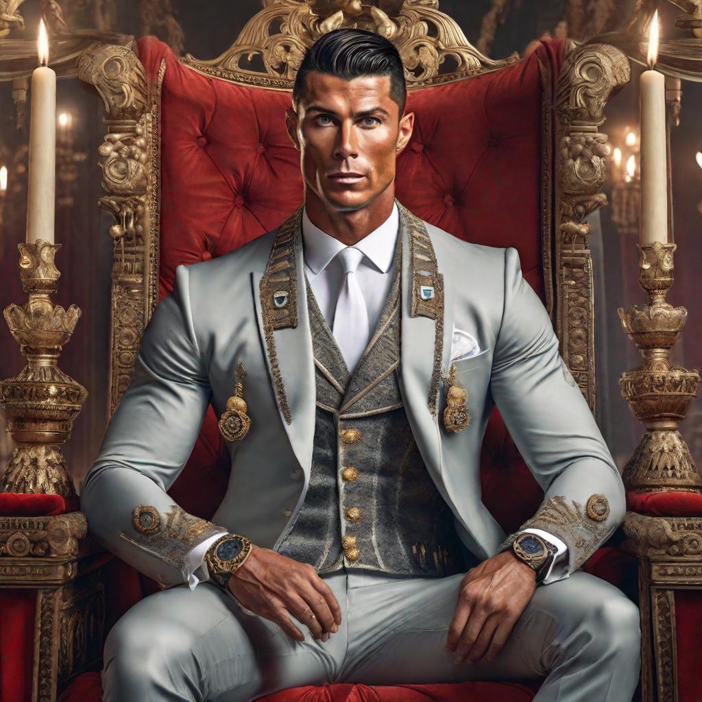  CR7 as a king hyperrealistic, full body, detailed clothing, highly detailed, cinematic lighting, stunningly beautiful, intricate, sharp focus, f/1. 8, 85mm, (centered image composition), (professionally color graded), ((bright soft diffused light)), volumetric fog, trending on instagram, trending on tumblr, HDR 4K, 8K